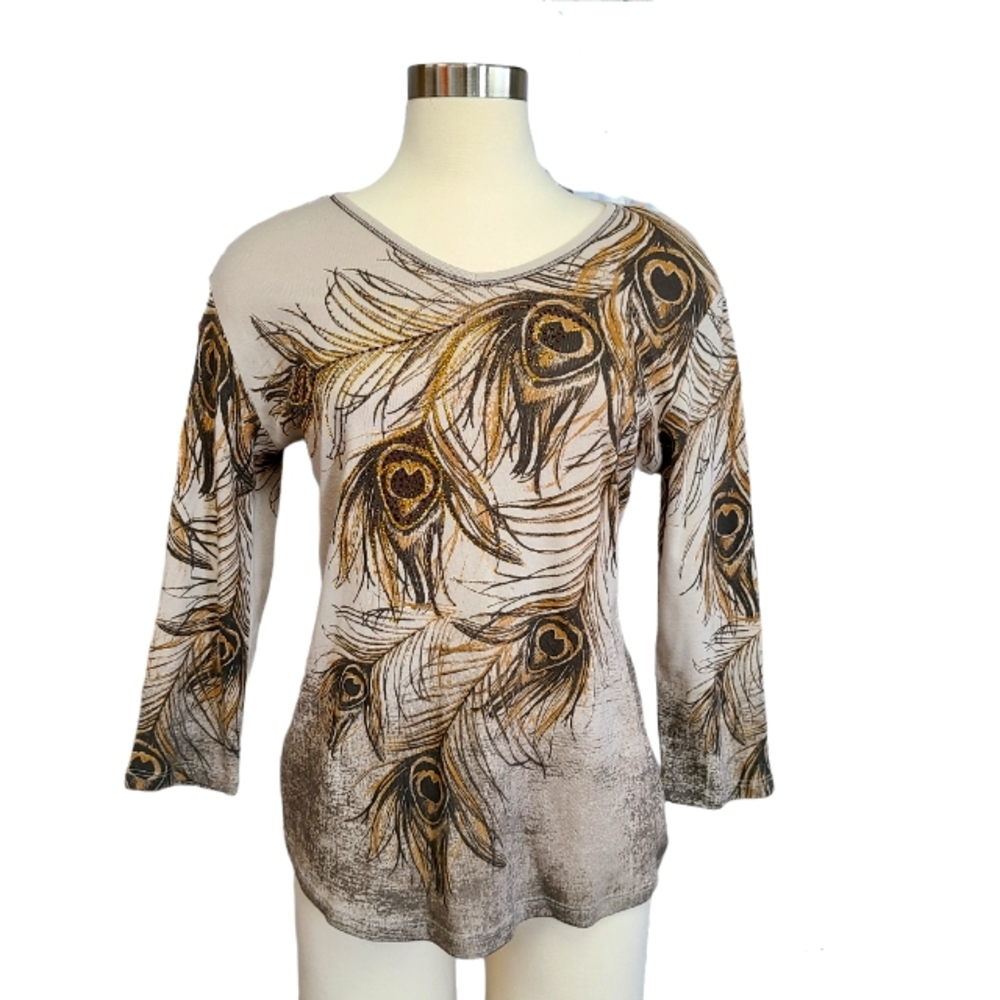 Jess & Jane V-neck 3/4 Sleeve Embellished Top in Peacock Feathers Size Small